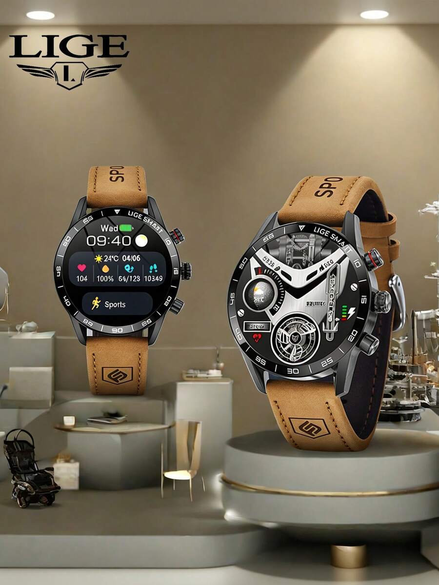 LIGE 男士商务腕表，1.39 英寸高清显示屏，运动计时，无线，数字显示，电子，智能，日历，IP67 防水，圆形表盘，无线通话，遥控，照片信息，智能提醒