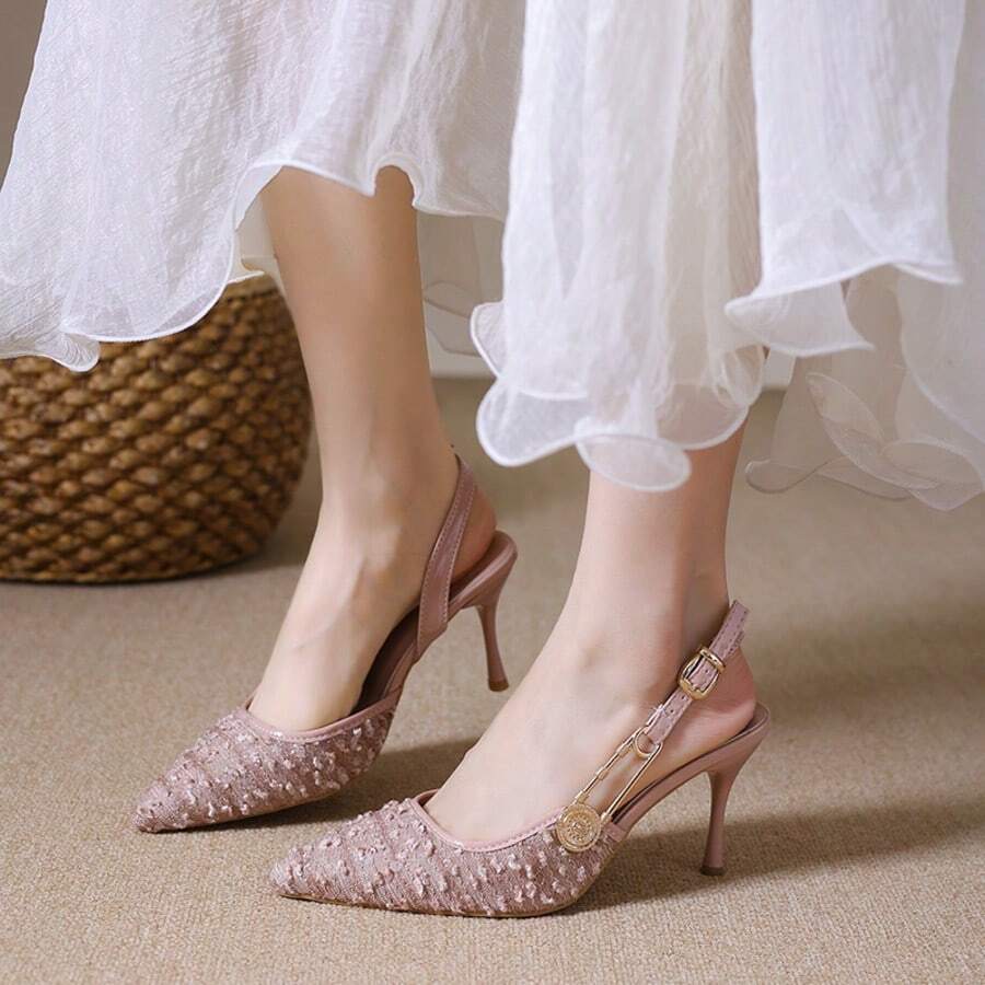 Giày sandal cao gót hở mũi màu đen và hồng đính sequin thanh lịch, thiết kế mũi nhọn với khóa kim loại, đa năng cho tiệc tùng, hẹn hò, đi làm. - Hồng - Xem 1
