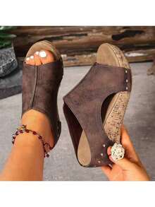 2025 New Summer European And American Style Comfortable Retro Wedge Heel Sandals, Open-Toe Hollow-Out Women'S Sandals - Brown - View 4