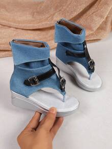 1 đôi sandal đế xuồng kiểu retro cho bé gái, thiết kế khóa kéo, thời trang cá tính. - Màu xanh lam - Xem 7