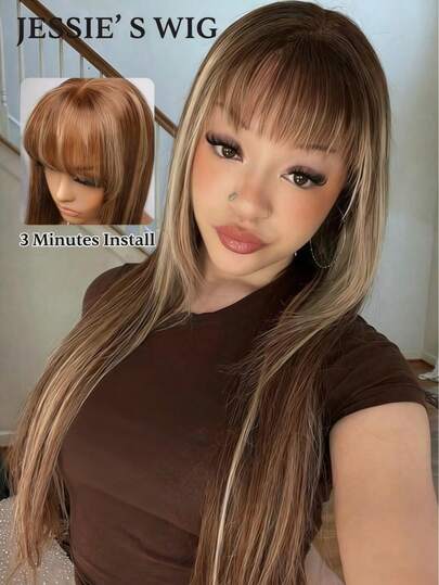 jessie's wig 杰西假发 预剪裁 4x4 蕾丝直发无胶假发 带刘海 真人发 即戴即走 无胶假发 180% 密度 100% 真人发 16-26 英寸 挑染蜂蜜金假发