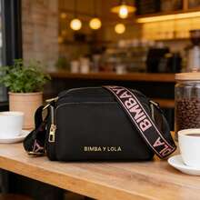 1 Small Square Nylon Bag With Letter Print, Zipper, Detachable Wide Shoulder Strap, Women's Casual Crossbody Bag, Suitable For Year-Round Use, Available In Several Colors - Black With Pink Lettering (gold Logo) - View 1