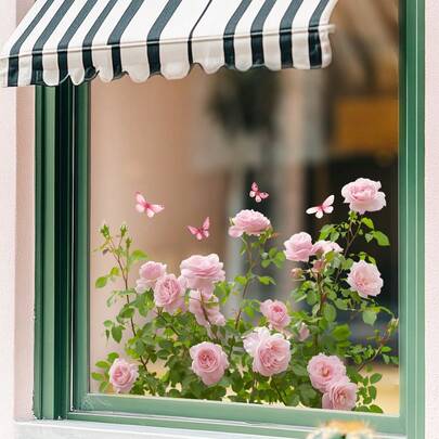 1片粉色玫瑰蝴蝶窗贴，清新花卉组合，自粘式，易于粘贴，为窗户增添柔和浪漫的氛围