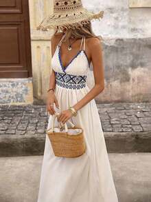 Women's Summer Embroidered Patchwork Split Hem Dress For Vacation,Beach Outfits For Woman,Vacation,Beach,Vacation Outfits Woman - 白色 - 查看 8