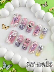 10 miếng dán móng tay hình vuông, cỡ trung bình, kiểu dáng dễ thương, có thể tháo rời, phù hợp cho tiệc tùng, khiêu vũ, sử dụng hàng ngày, tiệc sinh viên, hóa trang nhân viên văn phòng, kèm keo và dũa móng tay. - Hồng - Xem 11