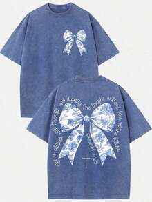 2026 Summer Clothes(230g T-Shirt) Oversized Washed Cotton "Faith Over Fear" Floral Graphic Christian T-Shirt, Casual Soft Short Sleeve, Breathable Ret - Light Blue - 查看 2