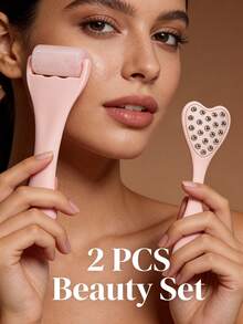 2 piezas Herramientas de belleza rosa - Herramienta de masaje facial Gua Sha, Rodillo de hielo + 20 piezas Barra de masaje facial de acero inoxidable 304, Juego de regalo de belleza para mujeres - Multicolor - Ver 3