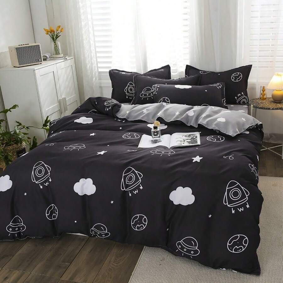 1pc Cartoon & Cloud Pattern Polyester Duvet Cover, Minimalist & Modern Style, Soft & Comfortable Fabric, Suitable For Naked Sleeping, Moisture-Wicking & Quick-Drying, Washable, Non-Pilling & Fade-Resistant, Temperature Adjustable, Suitable For All Seasons - Black and White - View 1