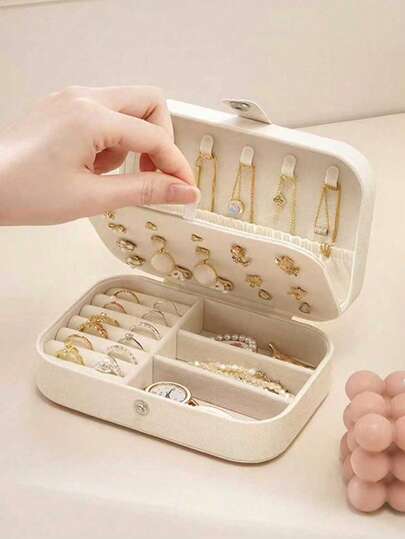 1pc Double-Layer Jewelry Box, Large Capacity Jewelry Storage Box, Jewelry Display Tray, Necklace Earrings Jewelry Organizer Box, White Simple Compartment Jewelry Display Stand With Dust-Proof And Anti-Oxidation Function, Minimalist Portable Jewelry Box, Travel Jewelry Storage Bag, Small Compact Ring Earring Jewelry Box, Suitable For Earrings, Necklaces, Rings, Portable, Spacious, With Buckle, Lipstick, Watches, Gift For Women, Girls, Girlfriend, Christmas, Halloween, New Year