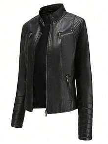 Áo khoác da nữ, tay dài, ôm dáng, cổ đứng, thích hợp cho mùa thu, mùa đông, màu đen. - màu đen - Xem 3