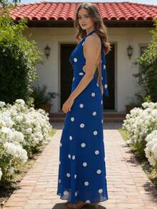 MOD Women's Red Polka Dot Halter Neck Draped Front Maxi Dress Elegant Sleeveless Evening Party Gown - Màu xanh lam - Xem 6