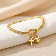 1pc Stainless Steel Engraved "MUM" Heart Cross Knot Bracelet, 316 Stainless Steel Material, 18K Gold Plated, Durable Waterproof Fade-Resistant, Suitable As Gift For Mom - MUM Bracelet - View 4