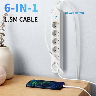 EU Power Strip 6-Outlet Schuko Socket With Switch, 1.5m Cable, 250V 16A