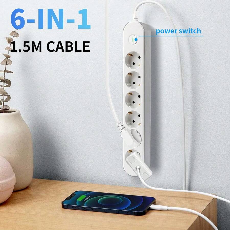 Ổ cắm điện đa năng EU 6 ổ cắm Schuko có công tắc, dây cáp 1.5m, 250V 16A - Phích cắm loại EU E (220-240V) - Xem 1