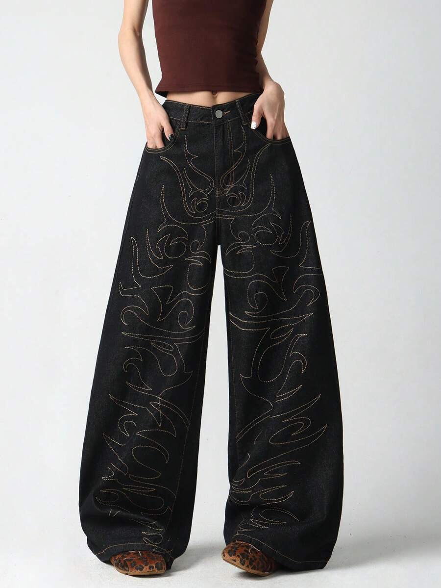 1 Stück Damen Retro Amerikanischer Street-Style bestickte Weite Jeans, locker & bequem lässig Hose für den Alltag, geeignet für alle Jahreszeiten (Gürtel/Zubehör nicht enthalten) Schwarz
