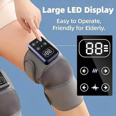 Máy mát xa đầu gối sạc USB với màn hình LCD, chức năng rung và sưởi ấm, bán lẻ kèm dây đeo mở rộng, lý tưởng làm quà tặng hoặc sử dụng cá nhân.