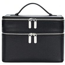 Double Layer Makeup Vanity Case, Large Capacity Cosmetic Bag With Removable Divider & Brush Organizer, Travel Toiletry Bag For Women, Portable PU Leather Organizer With Handle - 黑色 - 查看 11