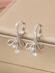 1 Pair Copper Zirconia Encrusted Cute Bow Pendant Earrings, Fashionable Versatile Gift For Women - Butterfly - View 6