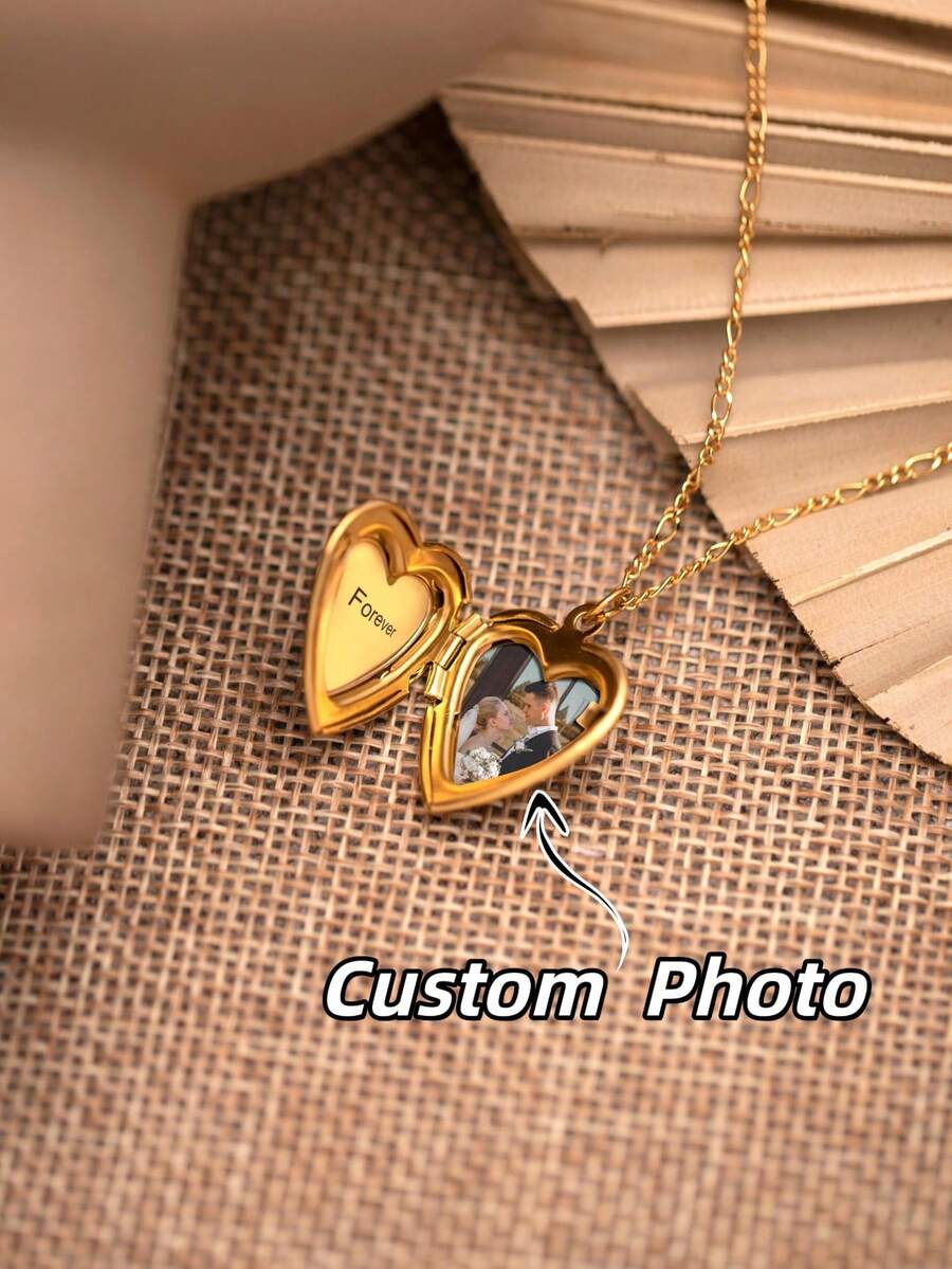 1pc Customized Photo & Name Necklace, Personalized Stainless Steel Heart Necklace, Laser Engraved Name, DIY Photo & Name Necklace, Personalized O-Chain Hinge Necklace, Letter Heart Photo Necklace, Elegant Heart Pendant Necklace, Mother's Day Memorial Photo Jewelry Gift, Fashion Photo Necklace For Mom, Best Friend Gift, Anniversary Gift For Her - Picture Necklace - View 1