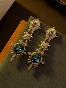 A Pair Of Vintage Geometric Pattern Earrings With Unique Inlaid Design, Suitable For Daily Wear And As A Gift For A Party Accessory. - Royal Blue - View 5