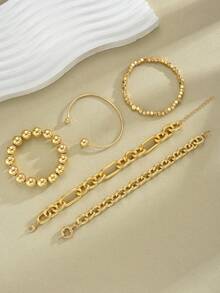 5件套时尚简约优雅复古几何串珠手链套装，包含圆形、方形、多边形珠子，CCB材质，金属质感，超大尺寸设计，适合节日、派对、日常佩戴 - 金黃色 - 查看 4