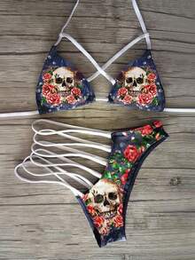 Sexy Cross-Strap Rainbow Tie-Dye Skull Triangle Bikini Set - Navy Blue - View 1