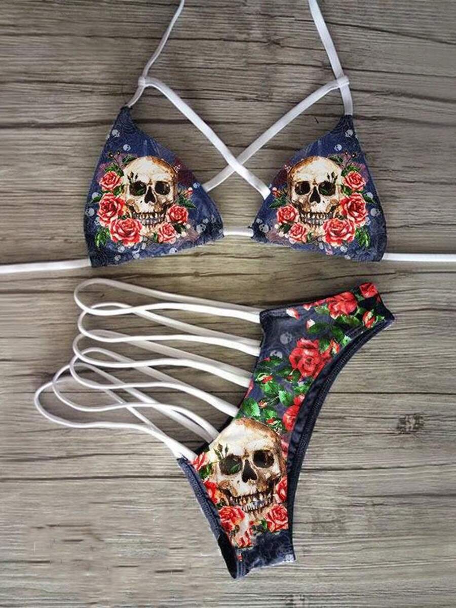 Sexy Cross-Strap Rainbow Tie-Dye Skull Triangle Bikini Set - Navy Blue - View 1