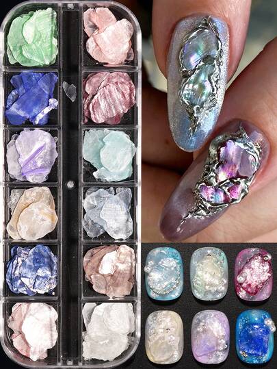 12 Grids Irregular Mica Slice Nail Sequin Aurora Shell Flakes Nail Art Decoration Iridescent Mermaid Summer DIY Manicure Accessories