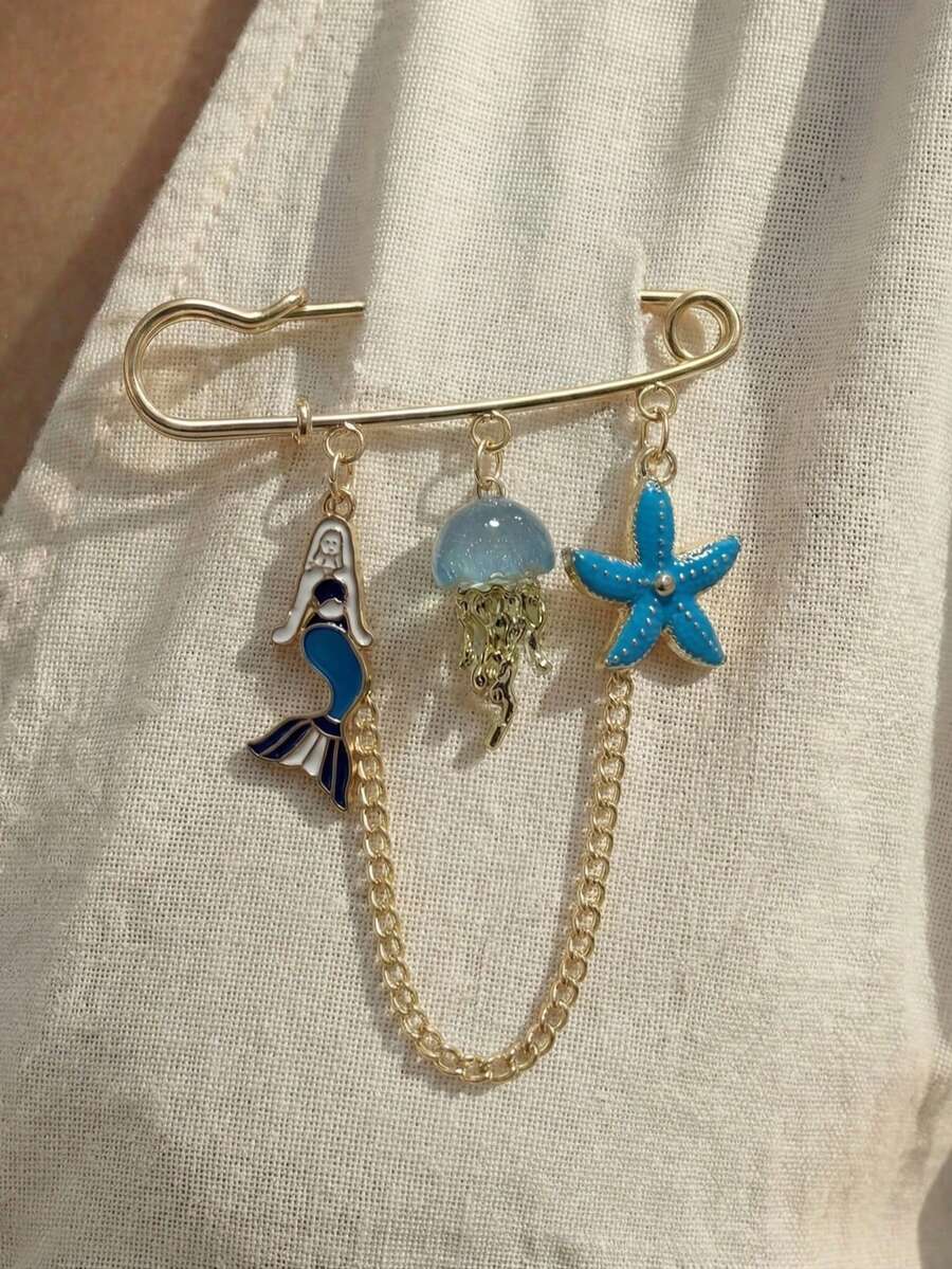 1件海洋风美人鱼和海星多功能胸针，适合度假和日常佩戴 - 彩色 - 查看 1