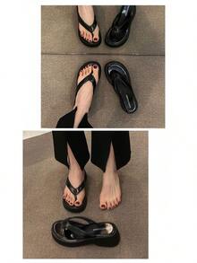 Flip-Flops With Round Toe, Casual Women's Shoes, New Summer Model, Comfortable Thick-Soled Chunky Heel Slippers For Outdoor Wear - màu đen - Xem 3