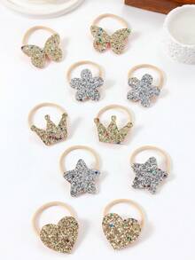 10 chiếc dây buộc tóc lấp lấp lánh vàng và bạc dễ thương, hình bướm, vương miện, hoa, sao, trái tim, chất liệu vải không dệt, phụ kiện tóc ngọt ngào cho bé gái dùng hàng ngày và dự tiệc. - Nhiều màu - Xem 7