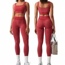 OLCHEE Womens Workout Sets 2 Piece Seamless Square Neck Sports Bra Padded Butt Lifting Leggings High Waist Yoga Gym Outfits - 紅色 - 查看 1