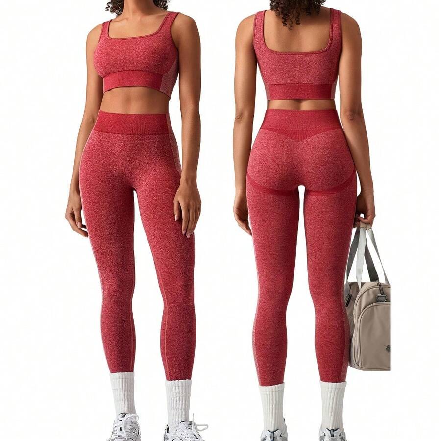 OLCHEE Womens Workout Sets 2 Piece Seamless Square Neck Sports Bra Padded Butt Lifting Leggings High Waist Yoga Gym Outfits - 紅色 - 查看 1