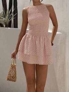 Vestido mini ajustado sin mangas a cuadros azules, estilo francés dulce para vacaciones, primavera/verano - Rosa Pálido - Ver 10