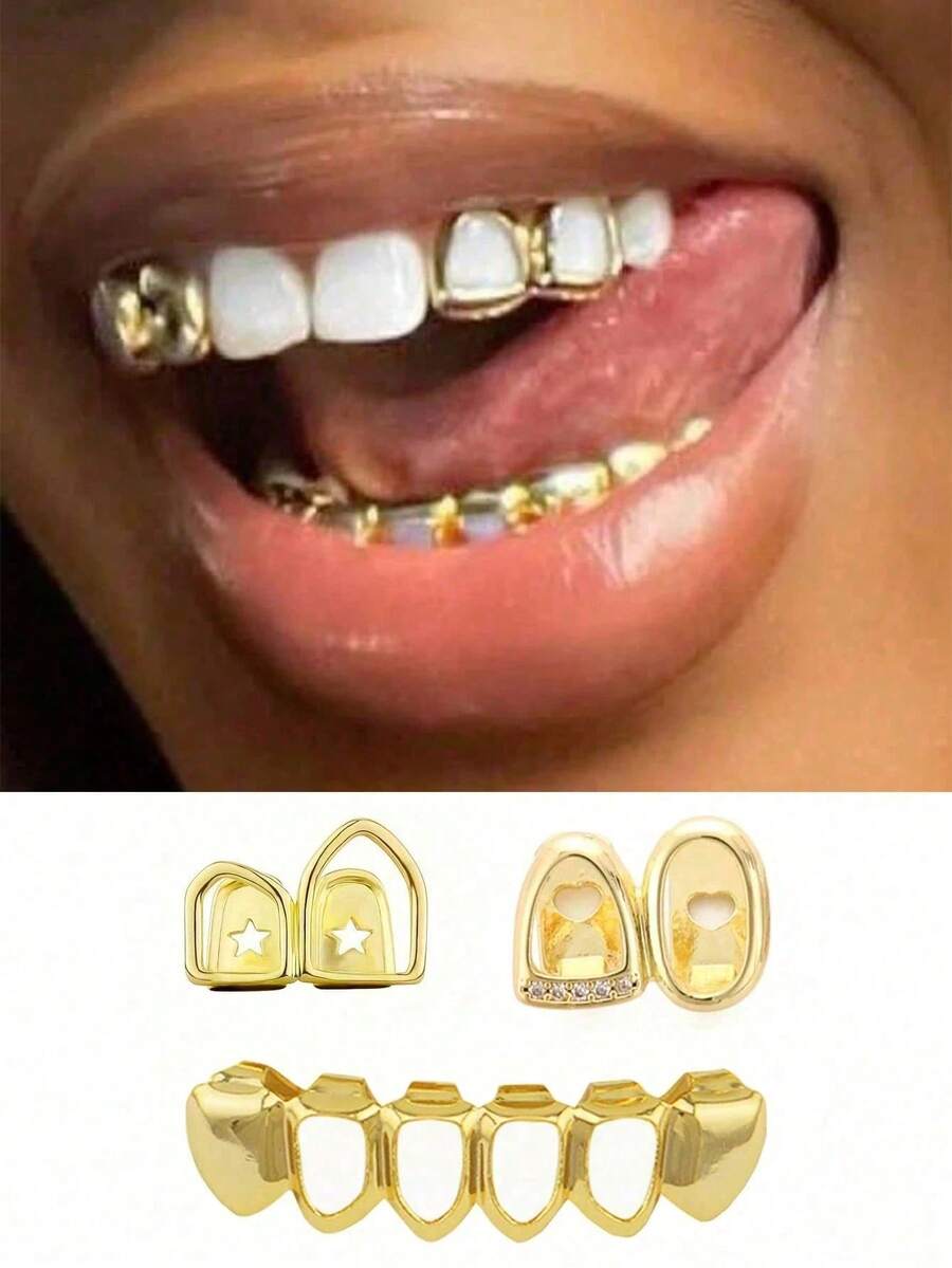 Bộ 3 món trang sức răng kẹp hình trái tim rỗng bằng đồng 14k, phong cách Y2K Grillz, thích hợp cho Ngày Valentine và Halloween, dành cho nữ. - Nhiều màu - Xem 1
