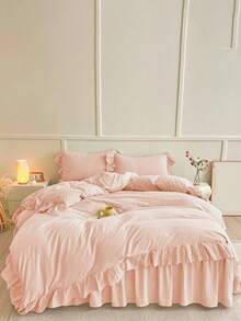 Soft Pink Cream Ruffled Duvet Cover 3 Pieces Set (1*Duvet Cover + 2*Pillowcases), Suitable For Bedroom & Guest Room, All Season, Machine Washable - Baby Pink - View 5