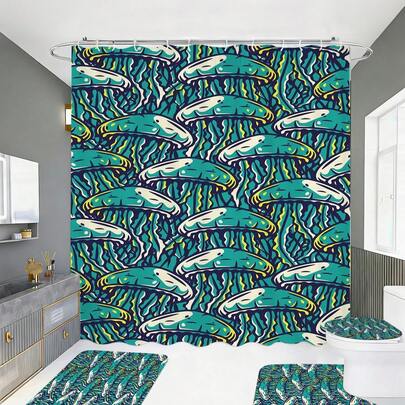 1/3/4件套复古水母波普艺术浴室套装，清新舒适，充满夏日气息，家居装饰，浴室帘，浴室套装，浴室配件，包含浴帘，浴室帘套装。多种尺寸浴帘和配套套装，耐用防霉涤纶面料，装饰性浴室组合，包含浴帘、U型马桶垫、防滑地垫、马桶盖和12个浴帘挂钩，适合作为母亲节礼物或开学季礼物。