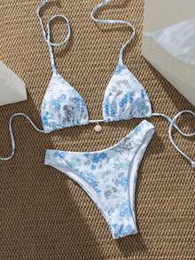 Bộ bikini hoa nhí 2 món dành cho nữ - Áo bơi dây tam giác với mặt dây chuyền hình vỏ sò, quần bơi cạp cao kiểu dây mảnh, đồ bơi dễ thương cho kỳ nghỉ hè ở bãi biển. - Màu xanh nhạt - Xem 3