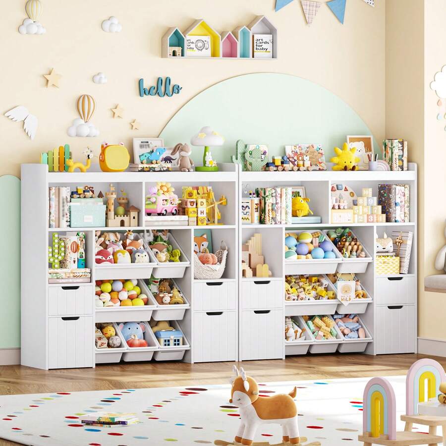 Scaffale per bambini da 122 cm con scatole su ruote, libreria per bambini con 4 scomparti portaoggetti - Bianco - Visualizzare 1