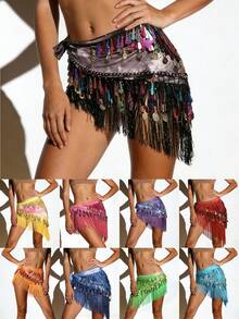 Khăn quấn hông múa bụng với tua rua đính sequin hình tam giác, váy quấn hình đồng xu, phụ kiện trang phục lễ hội âm nhạc Carnival - Nhiều màu - Xem 3