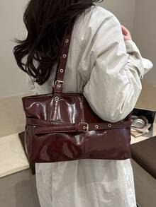 1个复古大容量手提包，通勤超大腋下包，时尚摩托车酒红色女士包，纯色油蜡PU皮革，肩带装饰，拉链封口，勃艮第酒红色，户外办公女士单肩包，大学生背包，短途旅行，度假，礼物，情人节，纪念品，送给女朋友的礼物，生日礼物，购物，商务，最佳选择，适合日常使用 - 酒紅色 - 查看 8