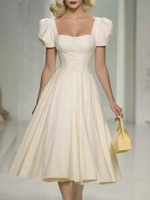 Vestido midi de corte A con escote corazón, estilo retro y elegante, nueva colección 2026 - Beis - Ver 1