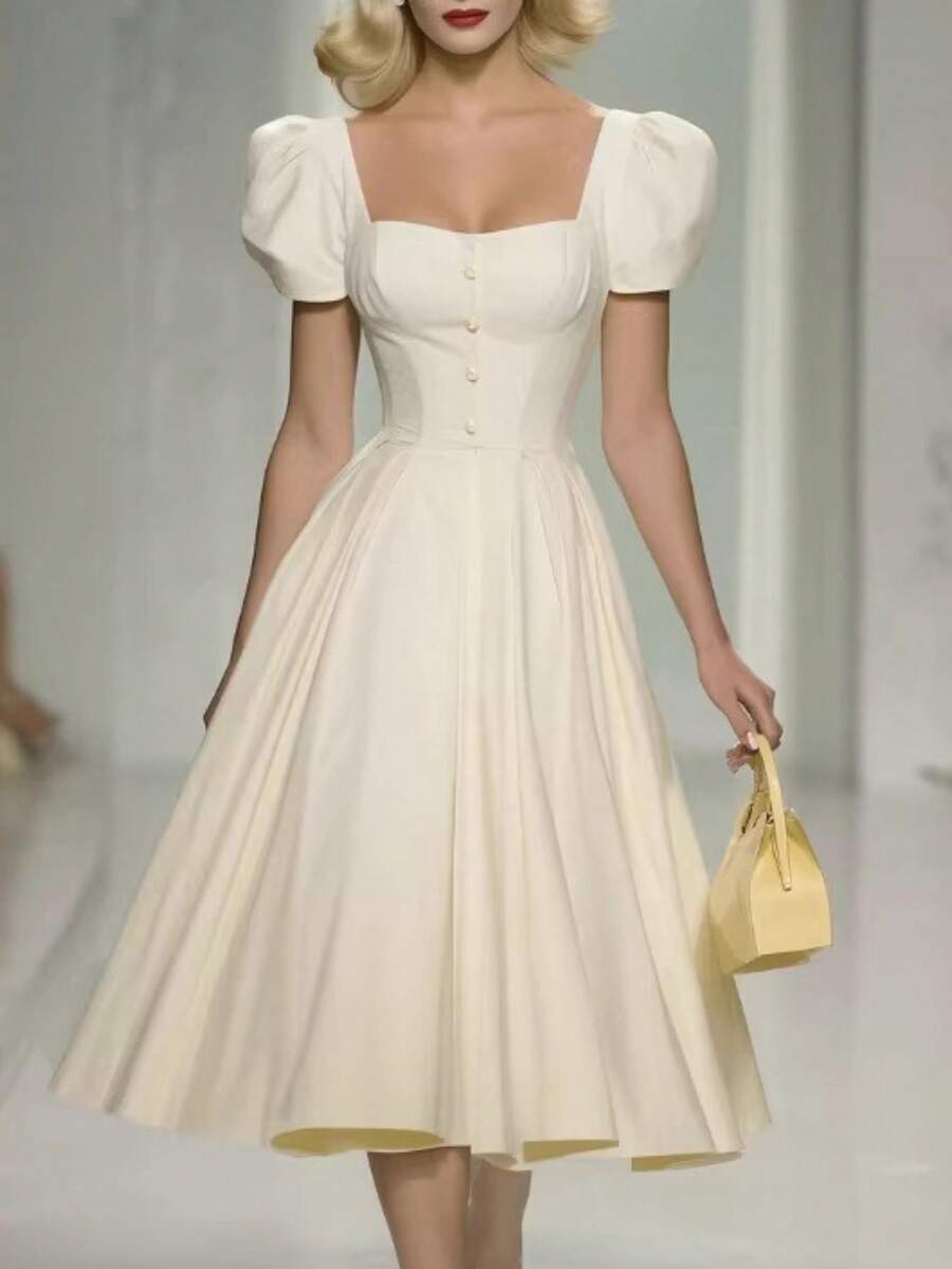 Vestido midi de corte A con escote corazón, estilo retro y elegante, nueva colección 2026 - Beis - Ver 1