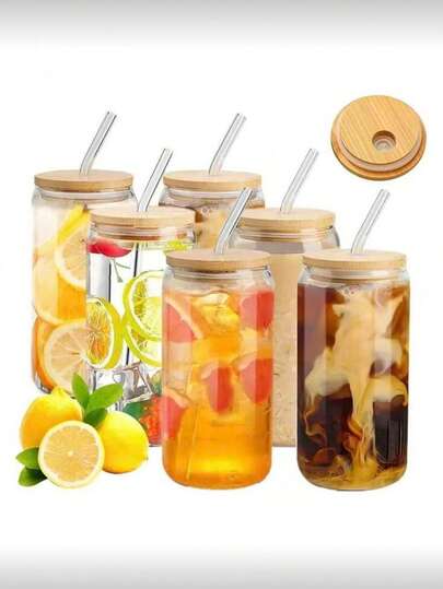 Set de 2/1 (Botella de agua de 500ml + Tapa de bambú + Pajita de vidrio + Cepillo para pajita), Vaso de vidrio borosilicato de 16oz, reutilizable y lindo, adecuado para bubble tea, café helado, bebidas de té, restaurantes, decoración navideña, decoración del hogar, decoración de dormitorio, regalo de Navidad, accesorios de baño