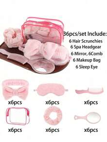 Bộ đồ ngủ spa 12 món dành cho nữ, bao gồm 2 băng đô spa màu hồng, 2 mặt nạ ngủ màu hồng, 2 dây buộc tóc nhung màu hồng, 2 gương màu hồng, 2 lược, 2 túi trang điểm trong suốt. - nhiều màu - Xem 3