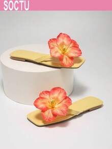 SOCTU Women's 3D Floral Toe-Post Sandals, Square Toe Flat Slippers, Summer Beach Vacation Shoes - Yellow - View 3
