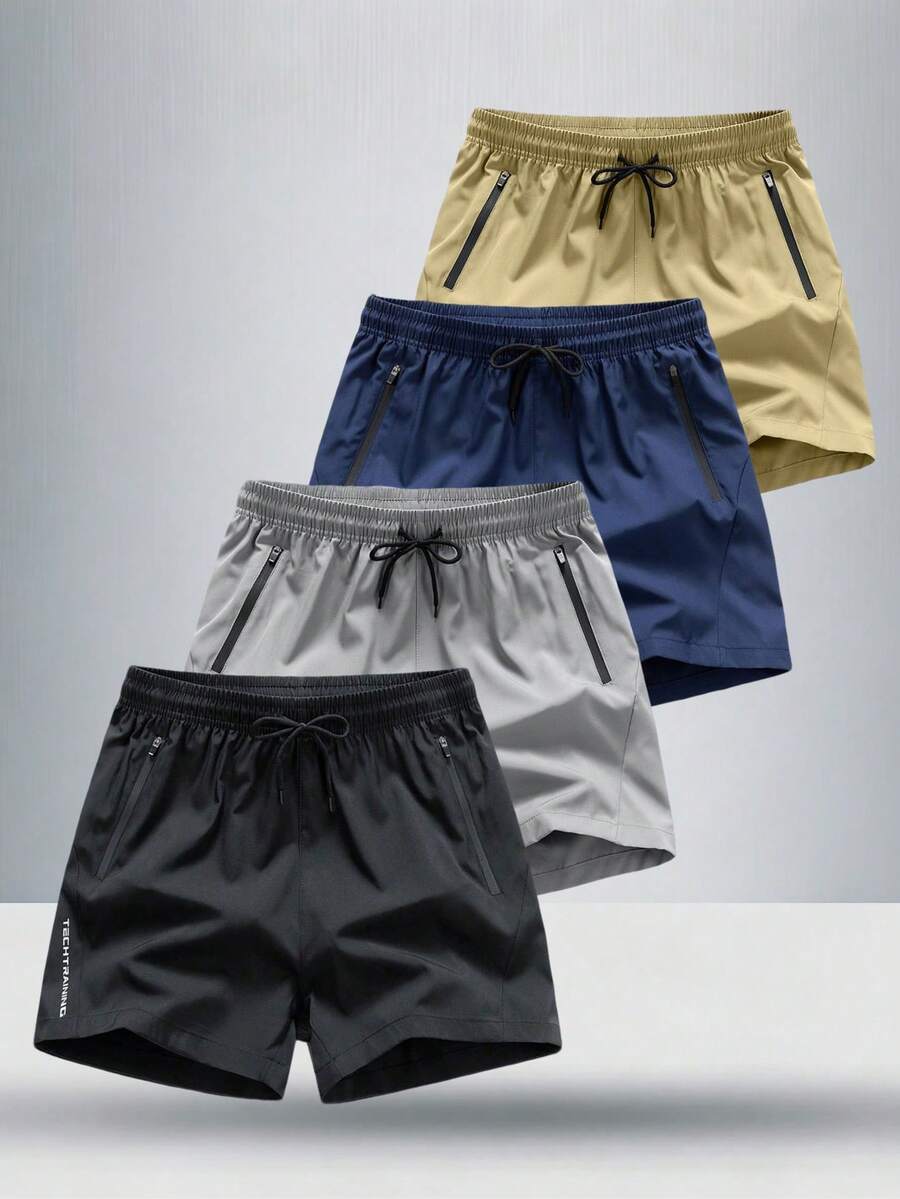 4pcs/Set Tween Boys Outdoor Sports Running Solid Color Breathable Comfortable Cooling Shorts, Summer - Black - View 1