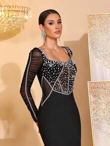 Đầm dài màu đen sang trọng, thủ công, đính kim cương, kiểu dáng thanh lịch, cổ vuông, tay dài, phối lưới, hở lưng, thích hợp cho đám cưới, tiệc cưới hoặc làm phù dâu. - màu đen - Xem 8