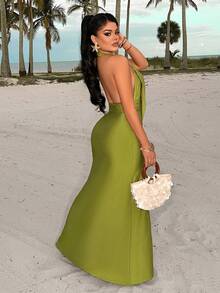 AIJ Amarilo Solid Color Sexy Halter Backless Pleated High Slit Dress With Metal Buckle, Casual Resort Beach Outfit, Women's Green Dress Elegant Party - Pea Green - View 2