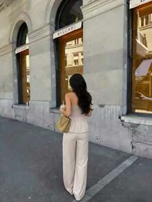 Bộ đồ nữ thanh lịch, thoải mái gồm áo ống và quần ống rộng, thích hợp cho tiệc tùng, đi biển, nghỉ mát và công sở. - Màu be - Xem 5